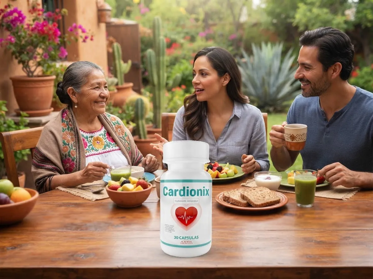 Familia desayunando en un patio mexicano con el empaque de Cardionix en la mesa