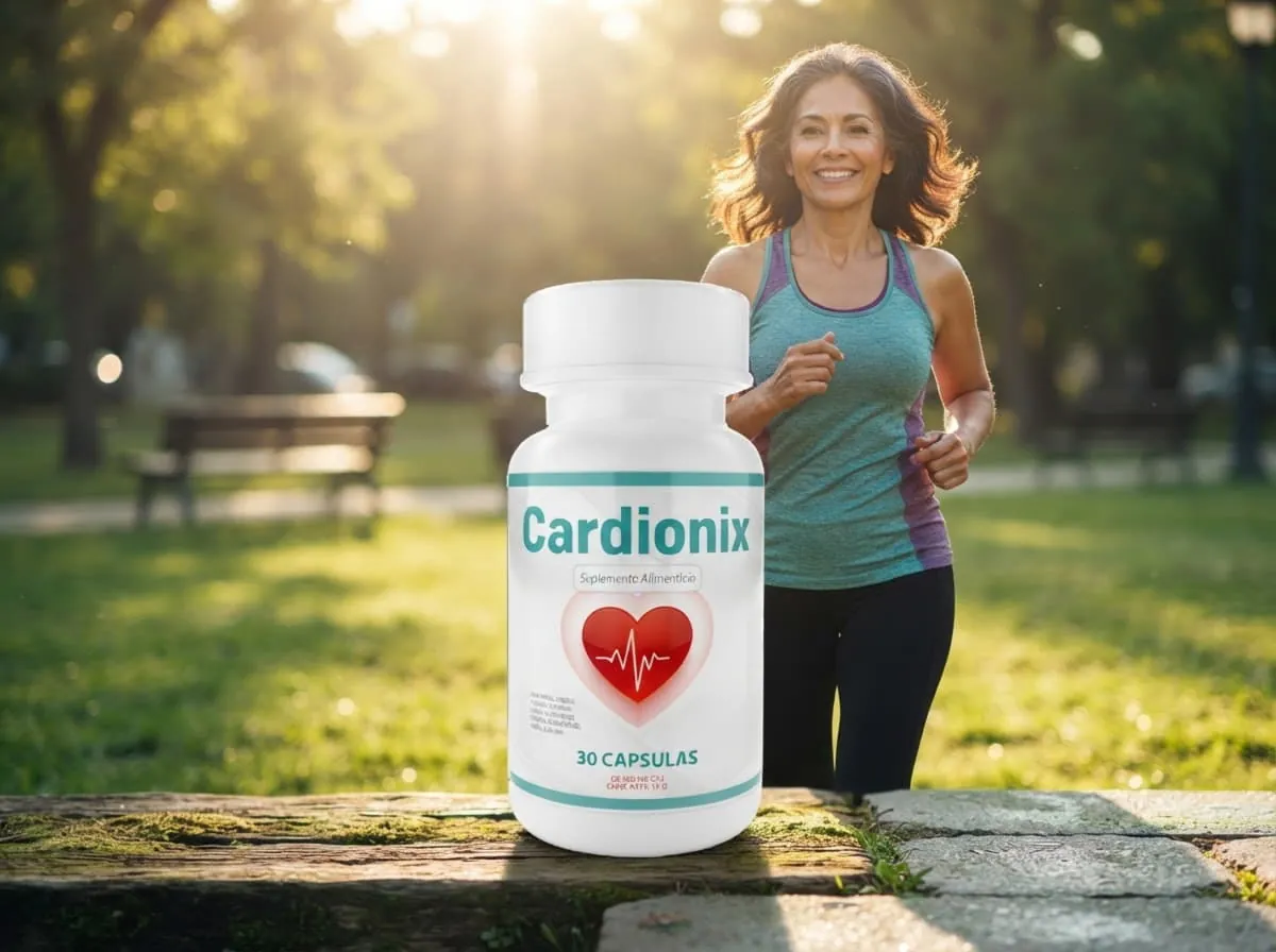 Mujer corriendo en un parque por la mañana, con el empaque de Cardionix en primer plano