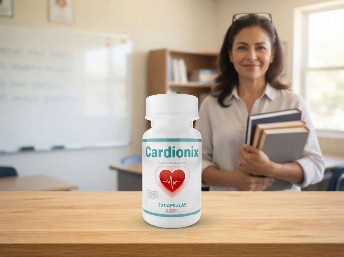 Maestra en un aula con el empaque de Cardionix en primer plano