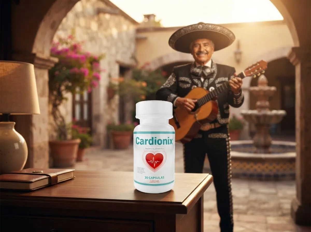 Músico mariachi tocando en un patio mexicano junto al empaque de Cardionix