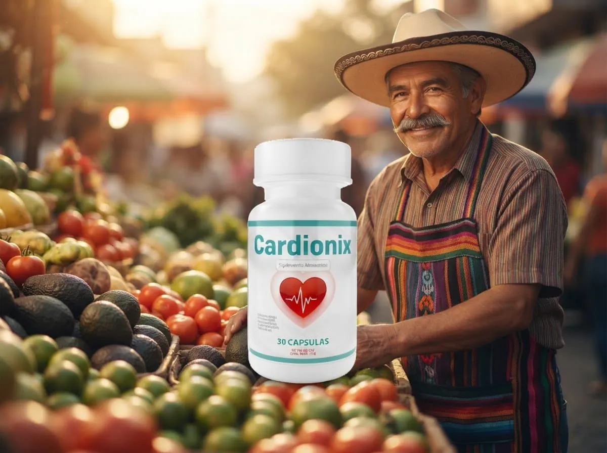 Vendedor de un mercado mexicano con frutas y verduras frescas junto al empaque de Cardionix