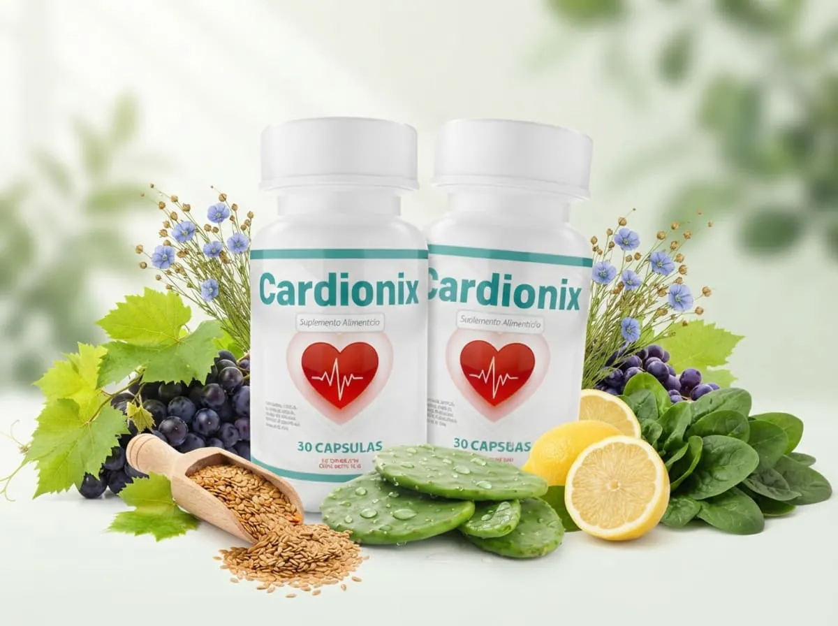 Empaque de Cardionix rodeado de nopal, linaza, uva y otros ingredientes naturales