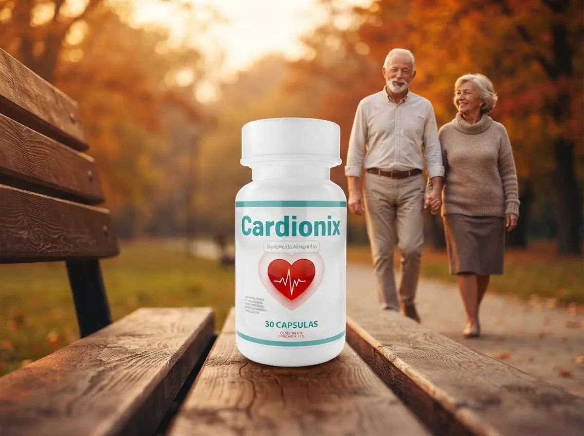Pareja mayor caminando al aire libre junto al empaque de Cardionix