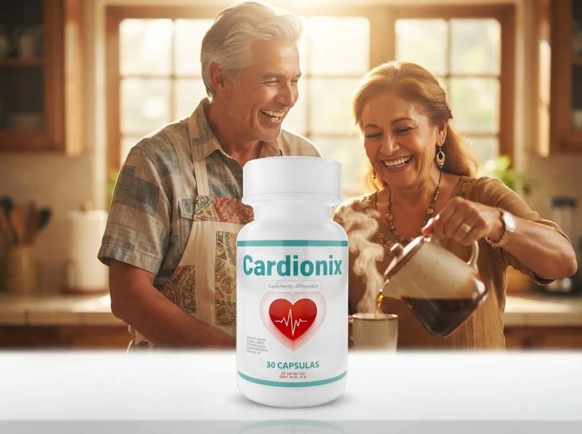 Pareja preparando el desayuno en casa con el empaque de Cardionix sobre la mesa