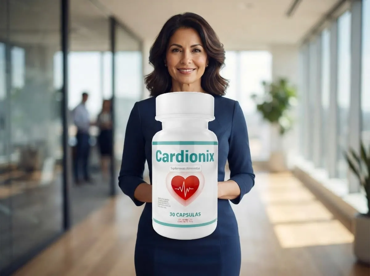 Mujer profesional sosteniendo el empaque de Cardionix en una oficina