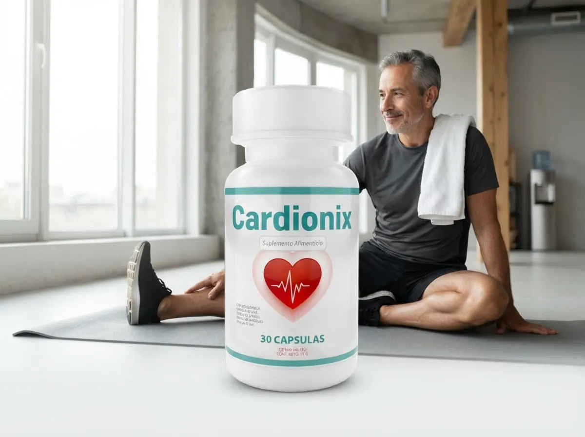 Hombre estirando después de entrenar, con el empaque de Cardionix en primer plano