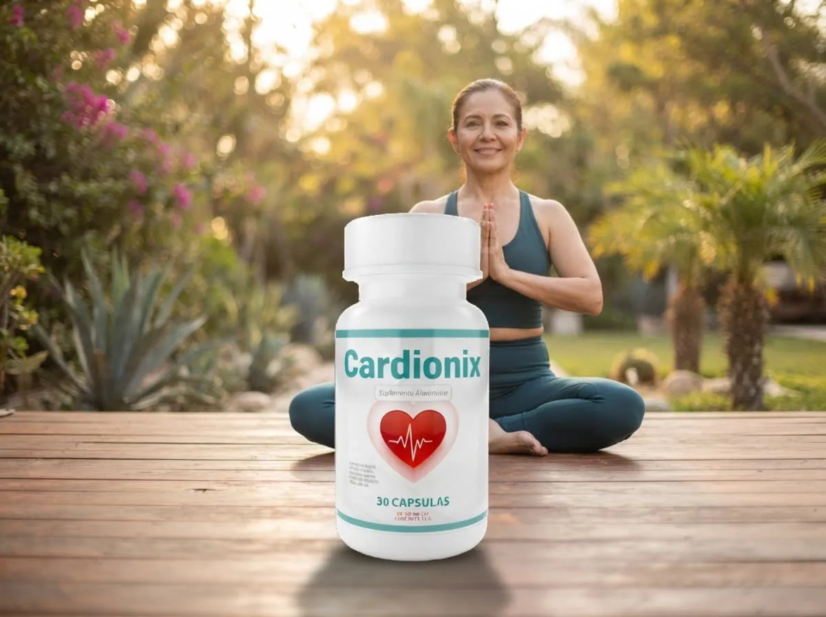 Mujer practicando yoga al aire libre junto al empaque de Cardionix